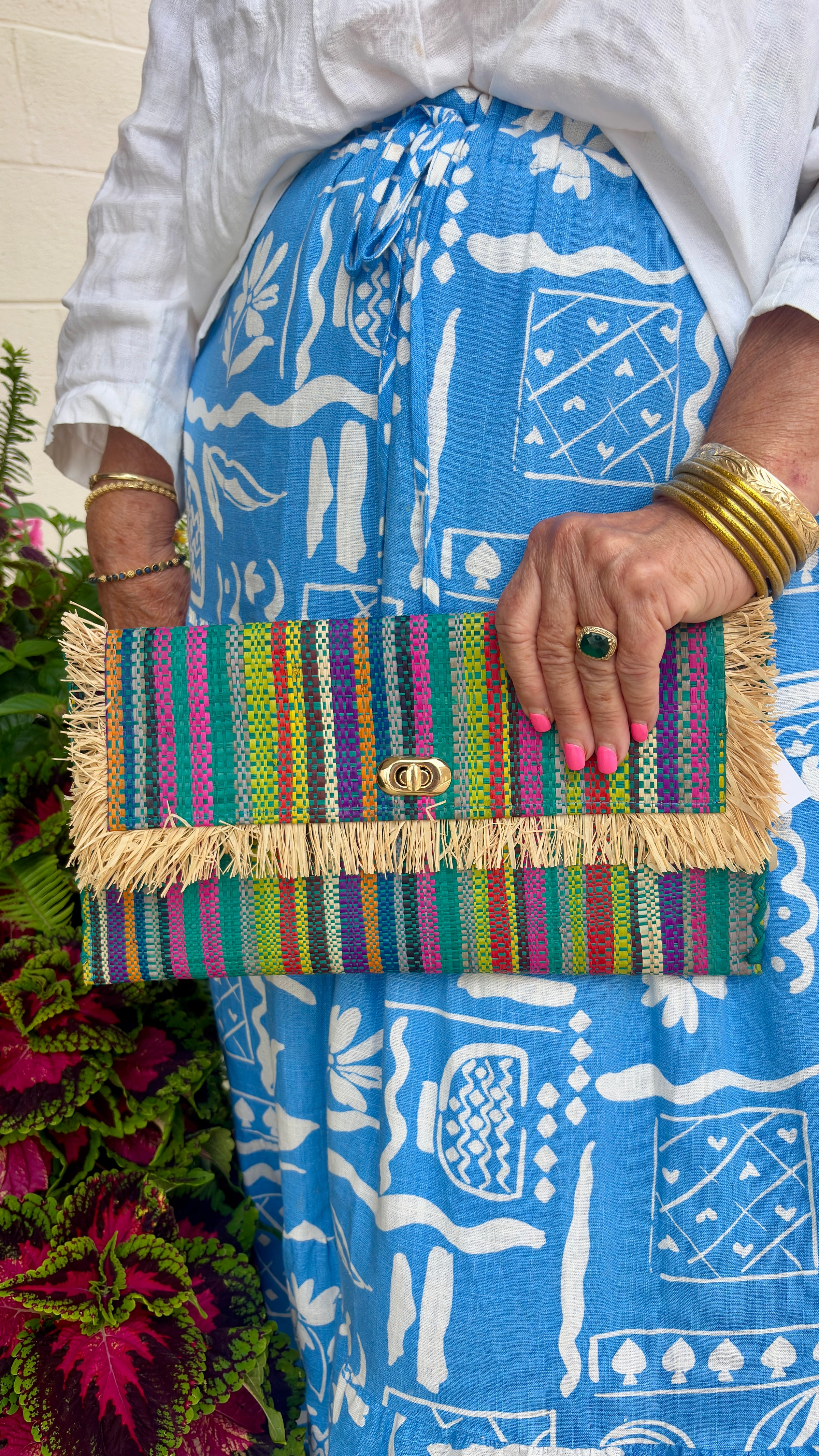 Sophie Raffia Clutch Purse (Turquoise Stripes)